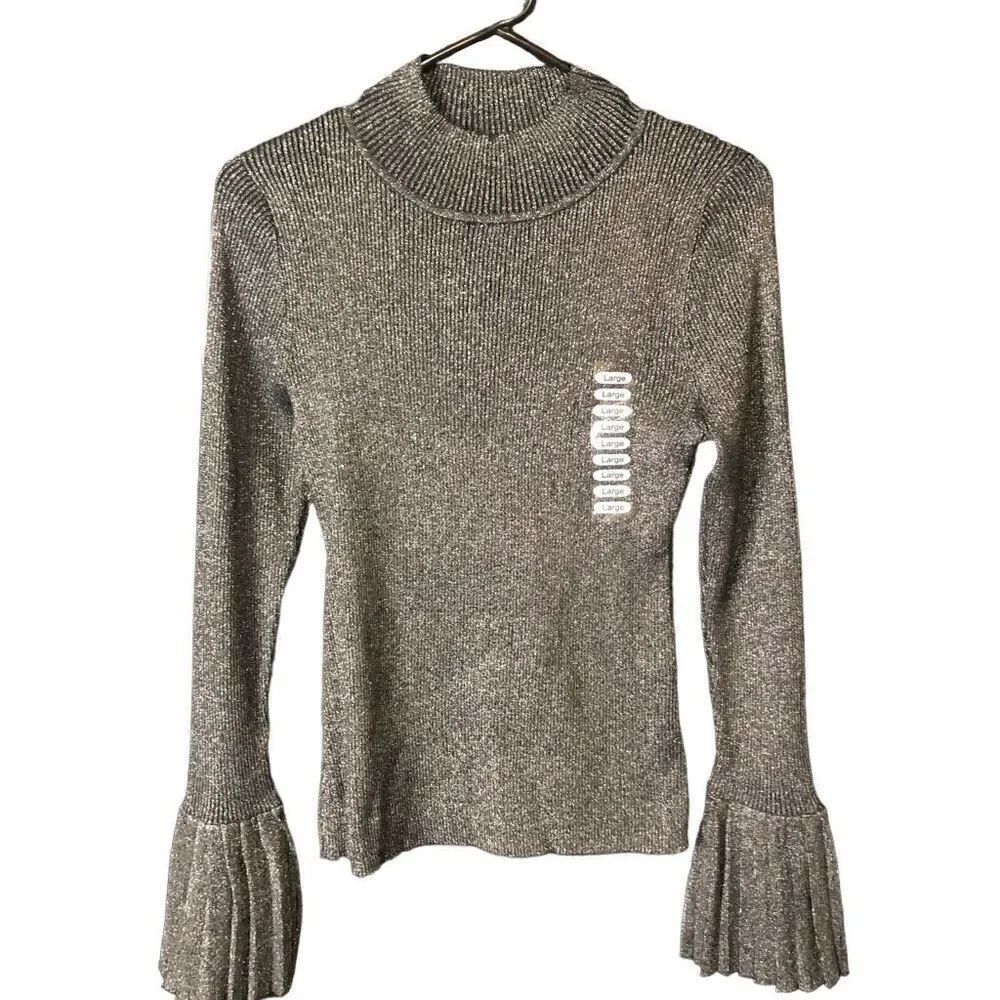 Lucy Paris Womens Sweater L Mallary Pullover Sweater Black Silver Marble Pleated